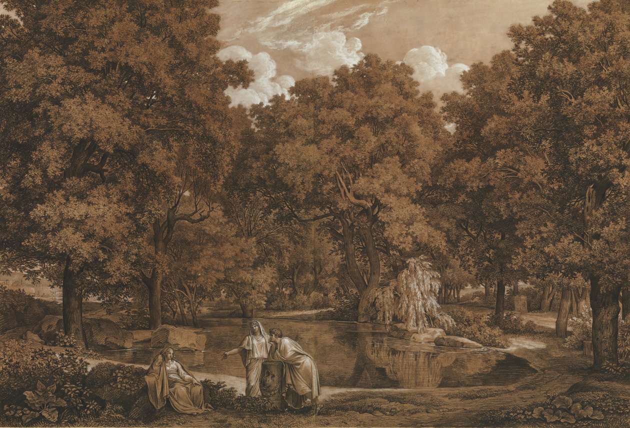 Arkadische Landschaft mit drei Figuren an einem See, 1792 von Johann Christian Reinhart
