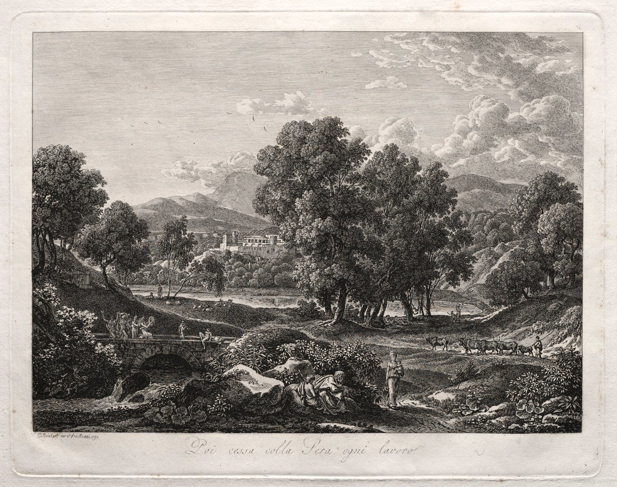 Heroische Landschaft: Der Tanz der Hirten auf der Brücke, 1792 von Johann Christian Reinhart