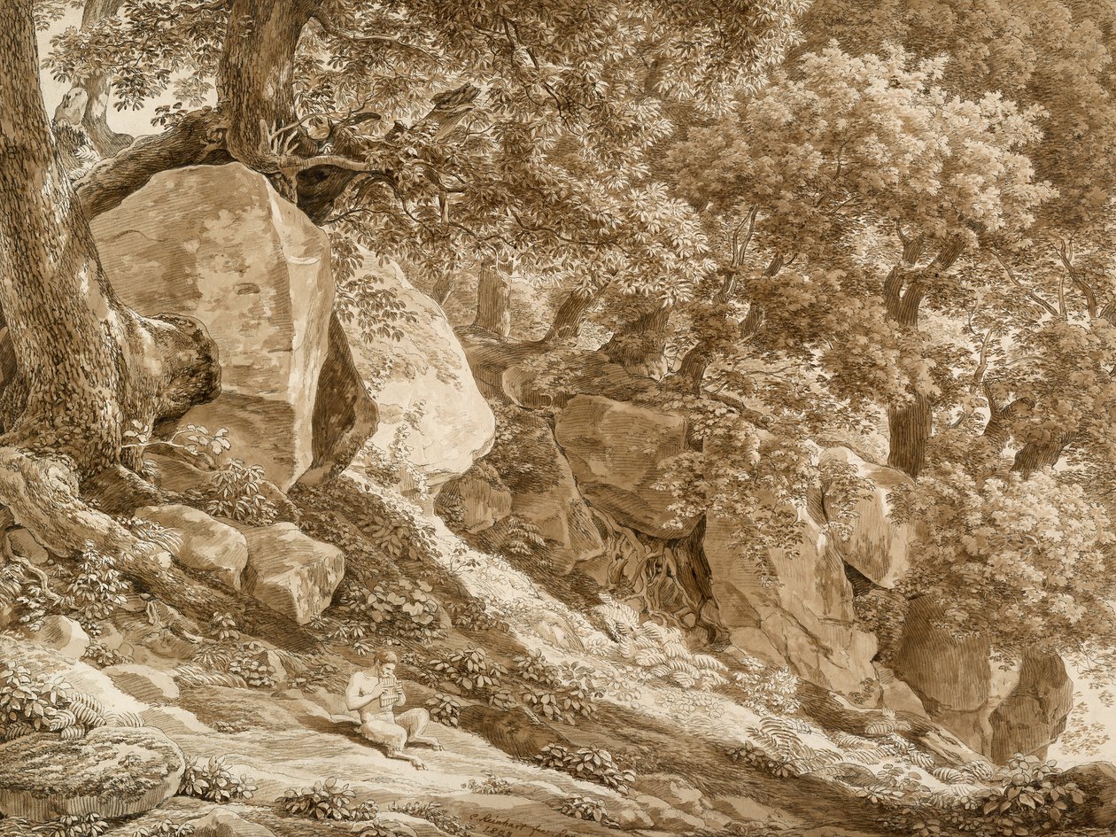 Felsige Landschaft mit Pan, der seine Flöte spielt (Im Park der Villa Chigi, Ariccia) von Johann Christian Reinhart