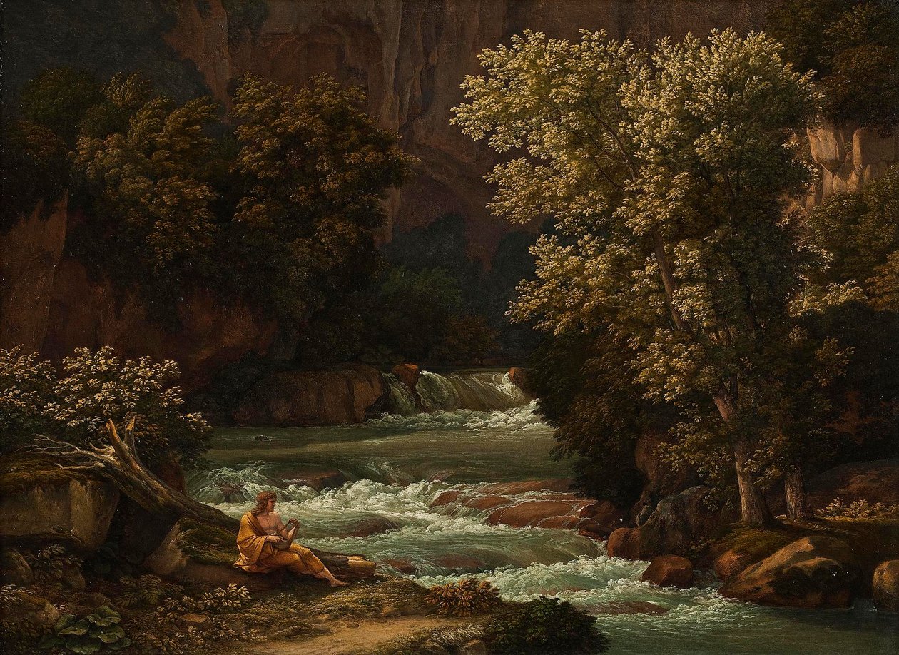 Blick auf die Ponte Lupo bei Tivoli, mit einer Person, die im Vordergrund die Leier spielt von Johann Christian Reinhart