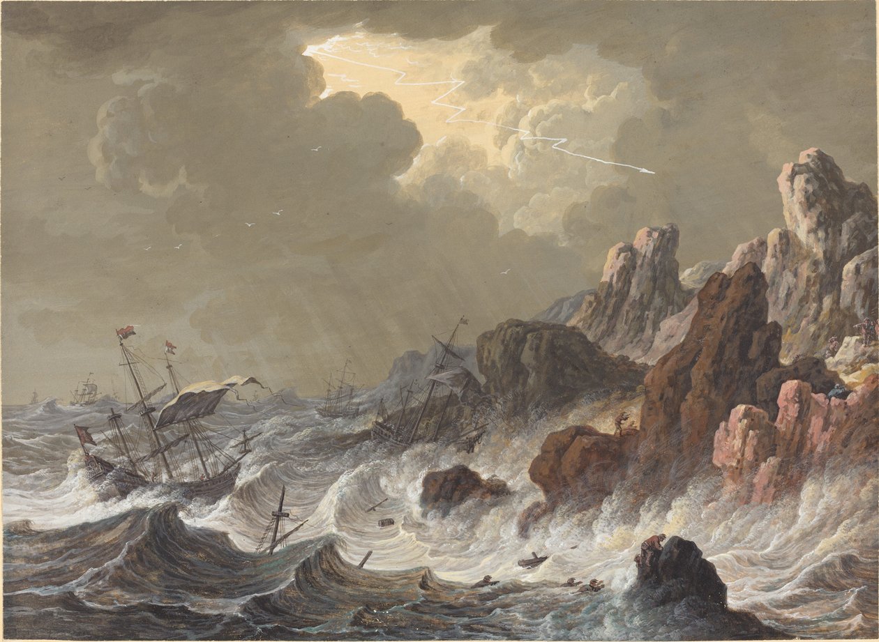 Sturmgepeitschte Schiffe an einer felsigen Küste von Johann Christoph Dietzsch