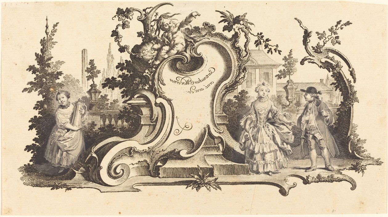 Moderne Kartuschen verziert mit verschiedenen Figuren (Platte VI-1 aus dem Set) von Johann Esaias Nilson