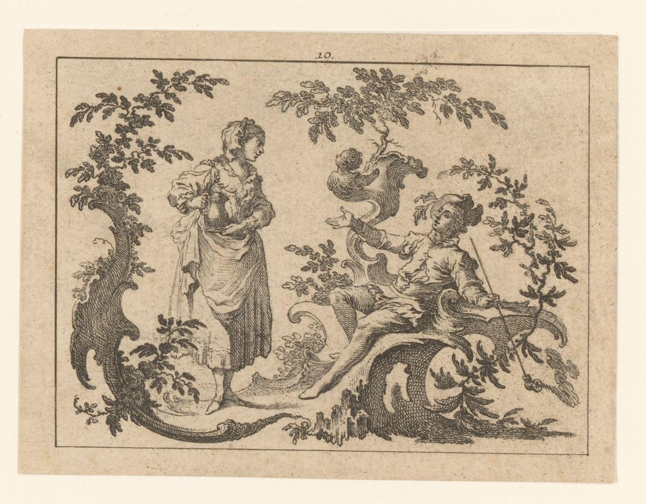 Pijprokende zittende man, naast hem een staande vrouw met kruik op een rococo-ornament von Johann Esaias Nilson