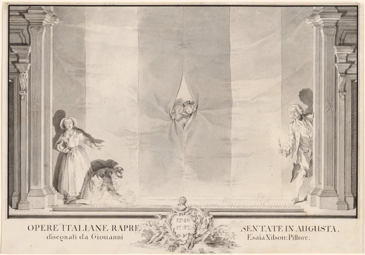 Zwei Schauspieler spähen durch einen Theatervorhang, während andere die Fußlichter vorbereiten von Johann Esaias Nilson