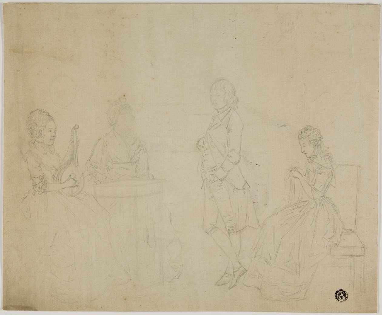 Skizze einer Familiengruppe mit drei sitzenden Frauen und einem stehenden jungen Mann von Johann Friedrich August Tischbein
