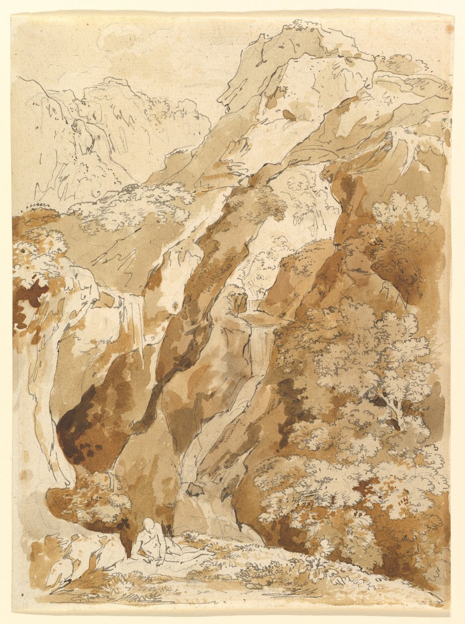 Liegender Mann in einer bergigen Landschaft mit Wasserfällen von Johann Georg von Dillis