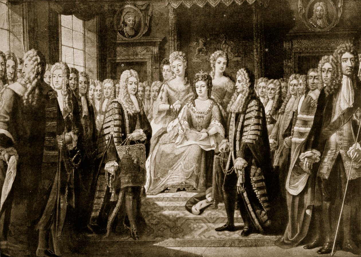 Übergabe der Unionsartikel an Königin Anne, 1706, Illustration aus 