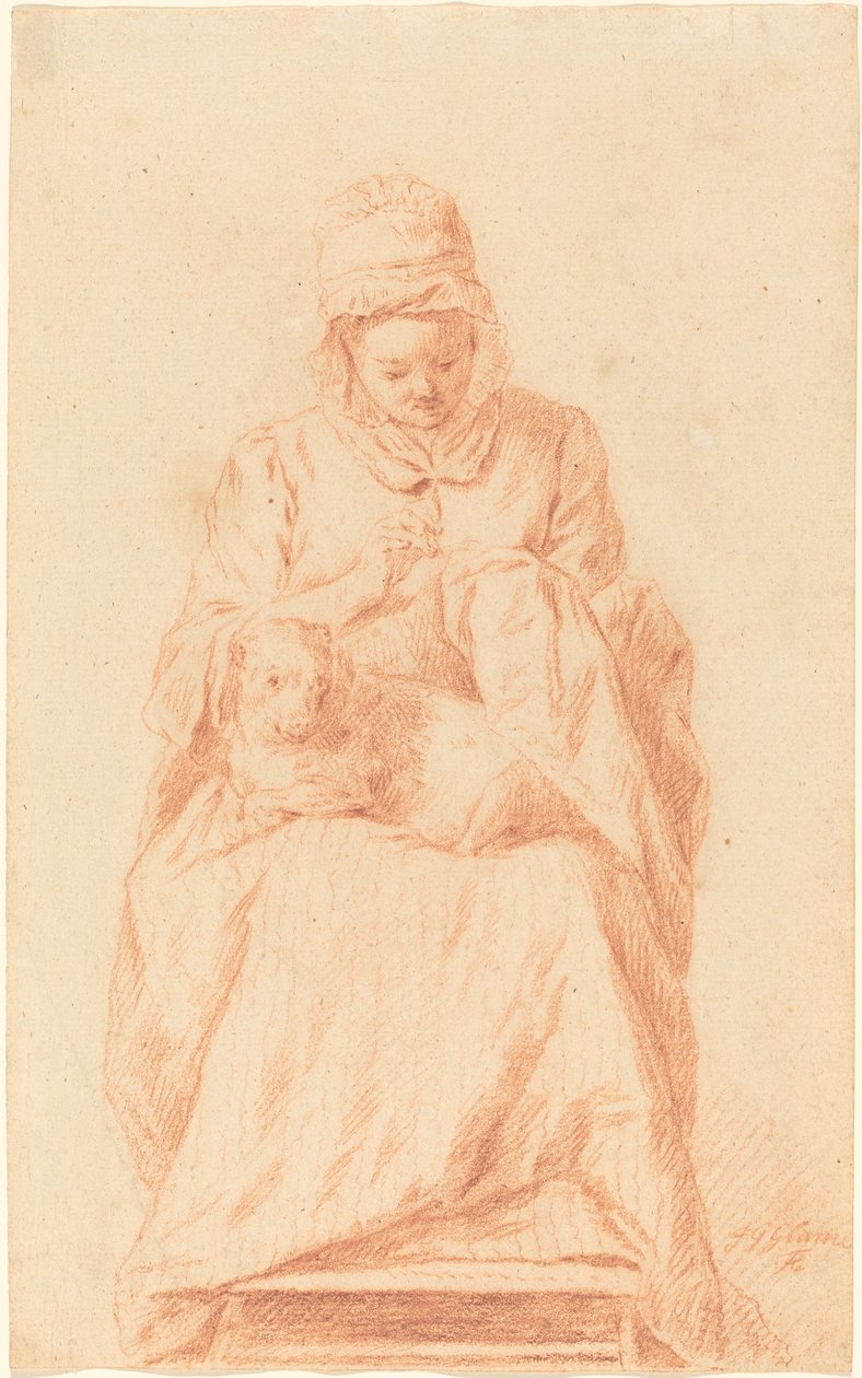 Junge Frau, die mit einem Hund auf dem Schoß näht von Johann Gottlieb Glume
