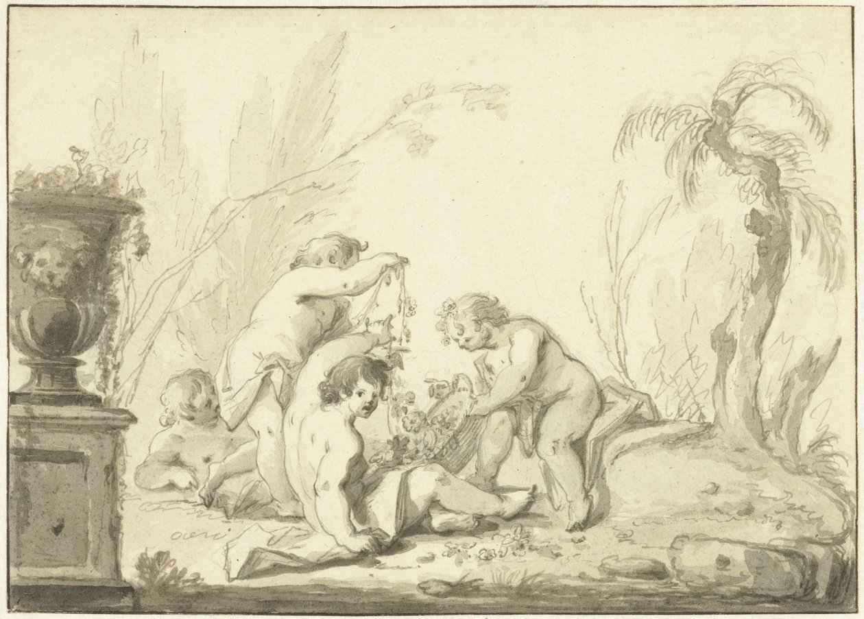 Allegorische Darstellung mit Kindern mit einem Korb voller Blumen von Johann Heinrich Keller (II)