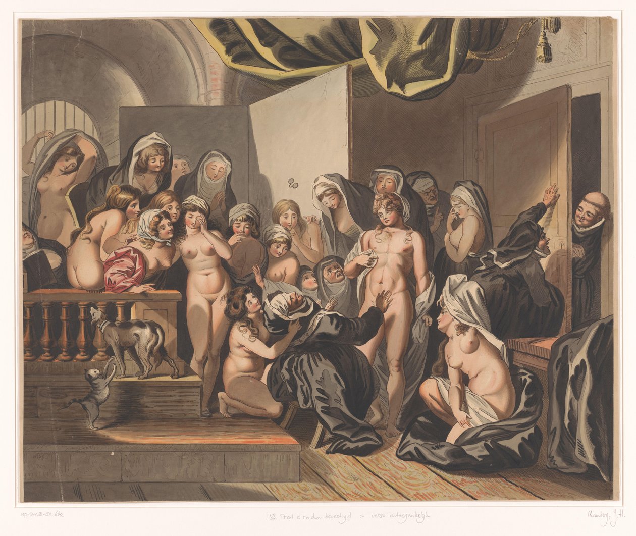 Abdes entdeckt einen jungen Mann unter entkleideten Nonnen von Johann Heinrich Ramberg