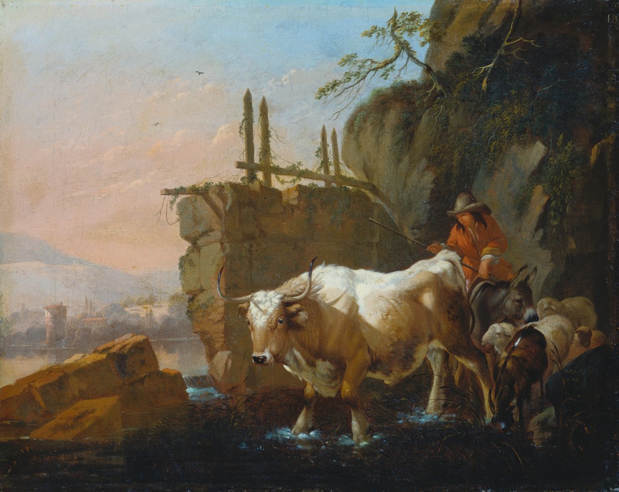 Hirten treiben Vieh durch eine Furt von Johann Heinrich Roos