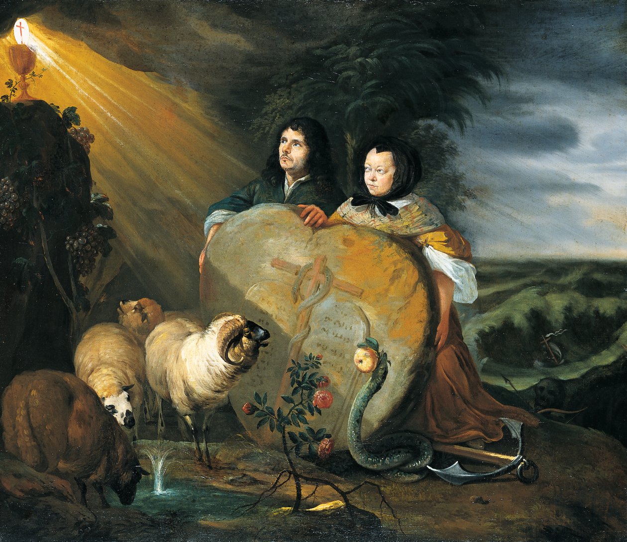 Selbstporträt (?) mit seiner Frau und Symbolen des christlichen Glaubens von Johann Heinrich Roos