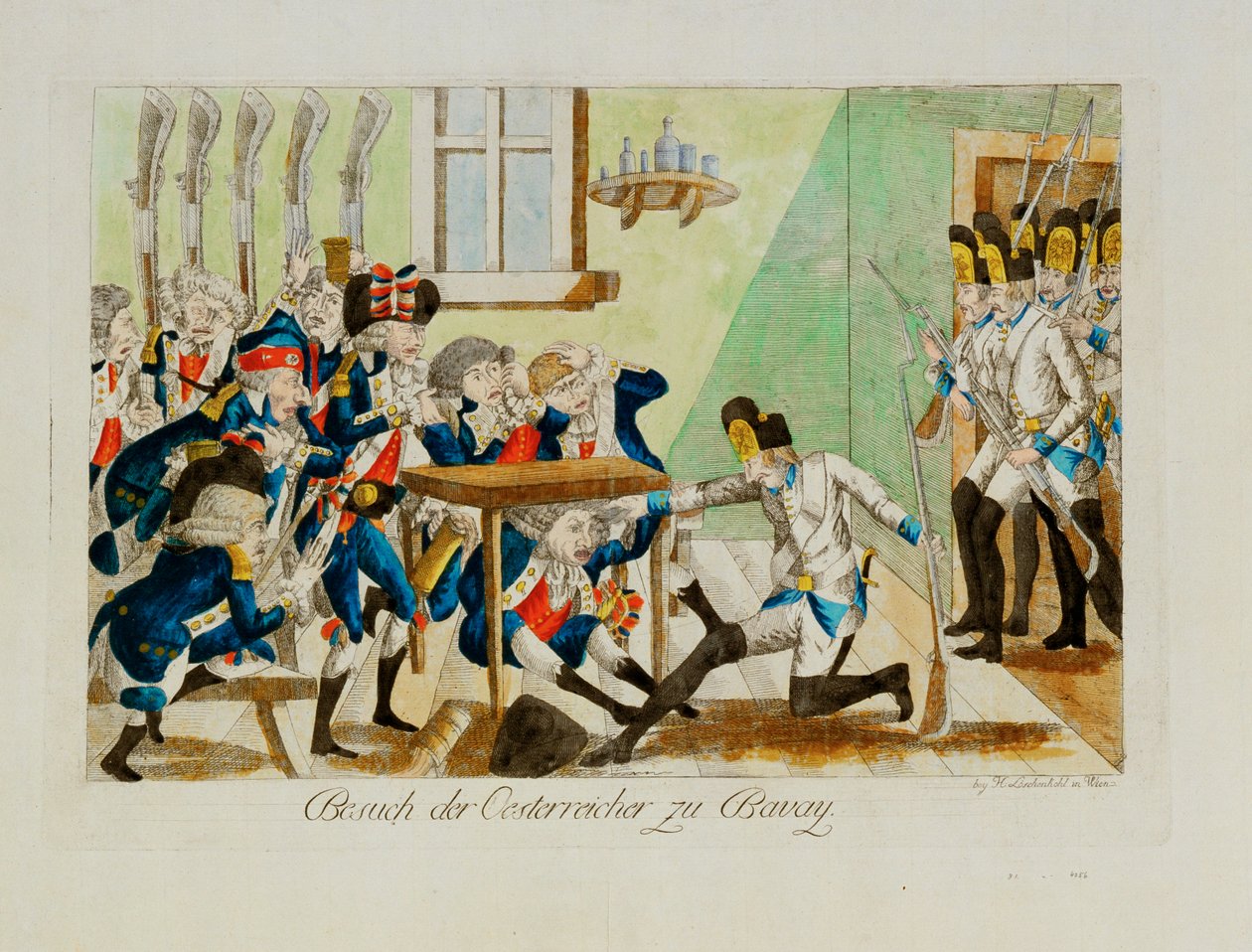 Österreichische Soldaten überraschen ein französisches Detachement in seinen Quartieren in Bavai von Johann Hieronymus Loeschenkohl