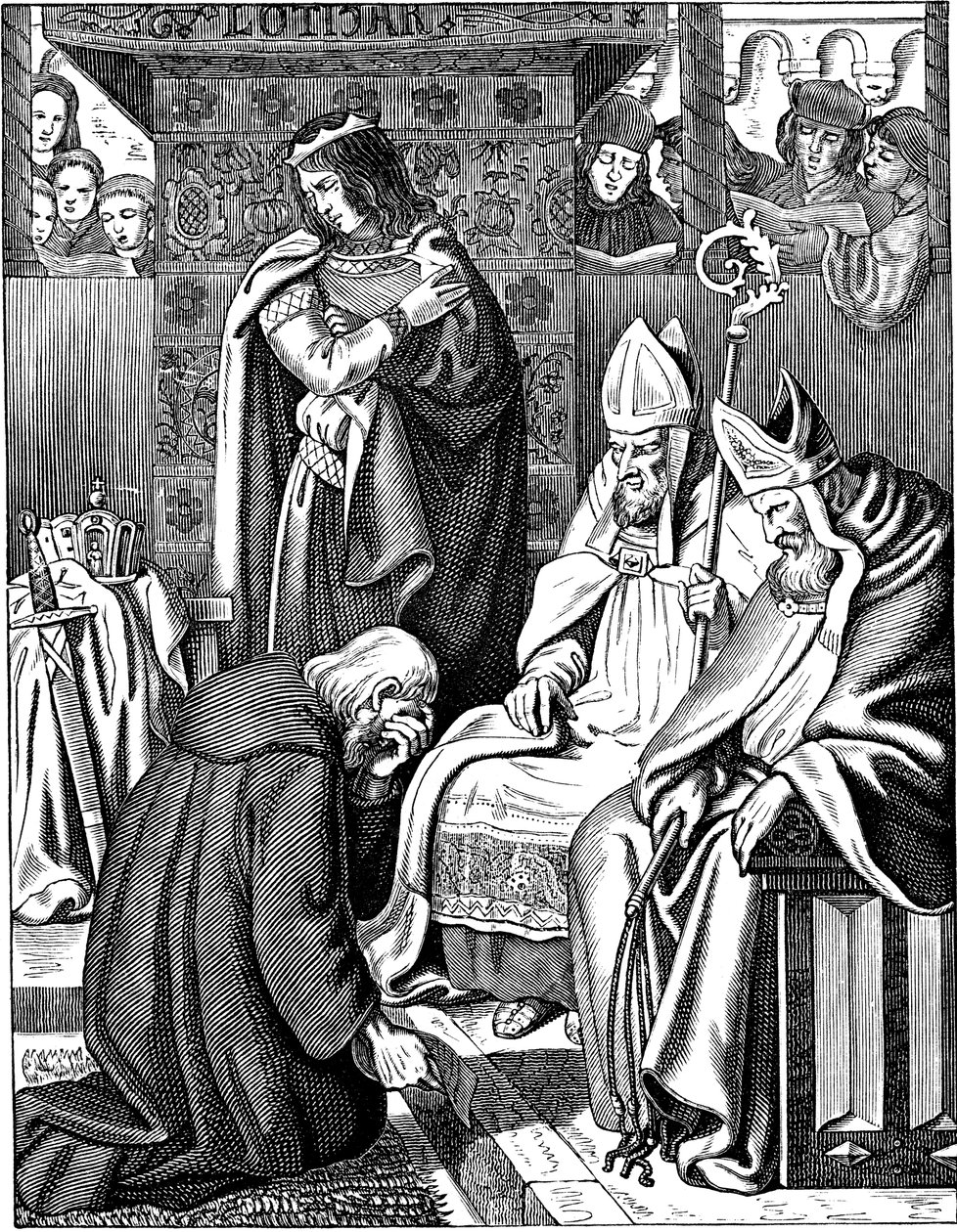 Ludwig der Fromme macht Buße in Attigny im Jahr 822 Illustration aus der Geschichte des deutschen Volkes von E. Duller, 1840 von Johann Jakob Kirchhoff