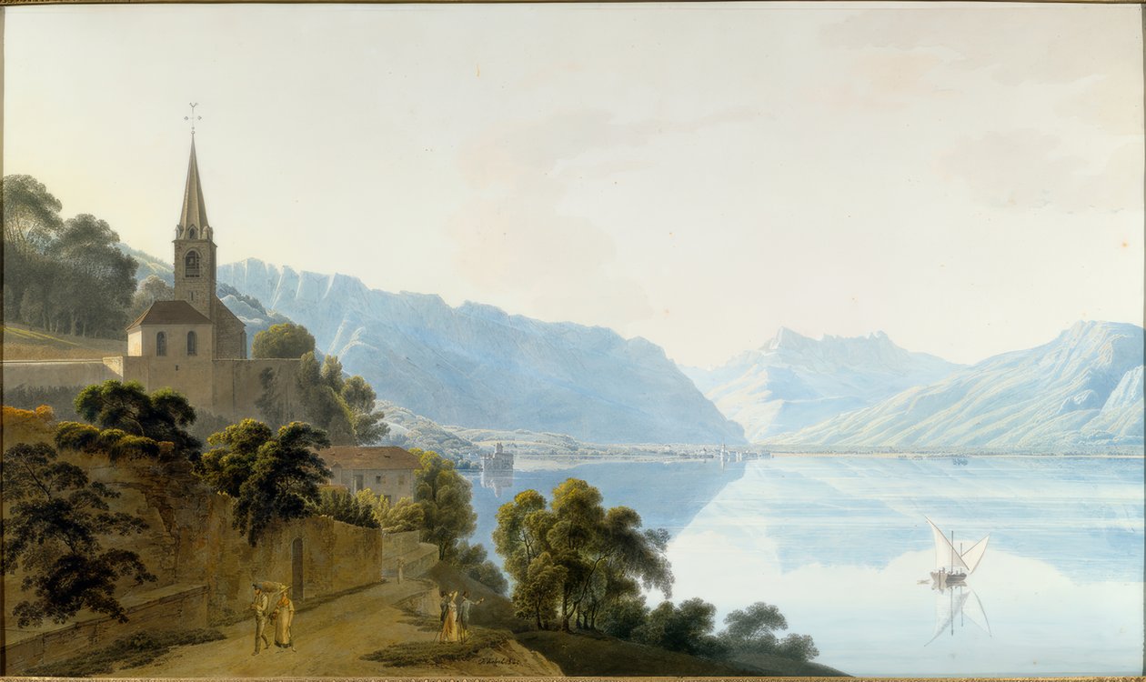 Die Kirche von Les Planches, Chillon, Villeneuve und die Dents du Midi von Johann Jakob Wetzel