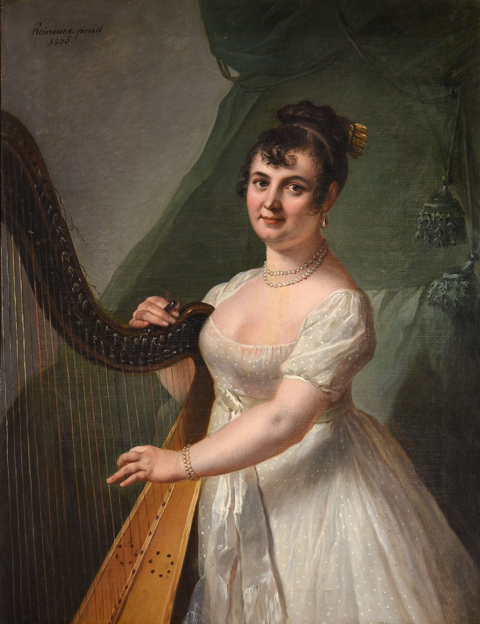 Porträt von Anne Rose Debas, Mme Delaroche, beim Harfespielen von Johann Julius Heinsius