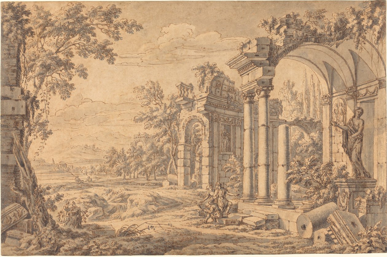 Landschaft mit einem Zeichner unter antiken Ruinen von Johann Oswald Harms