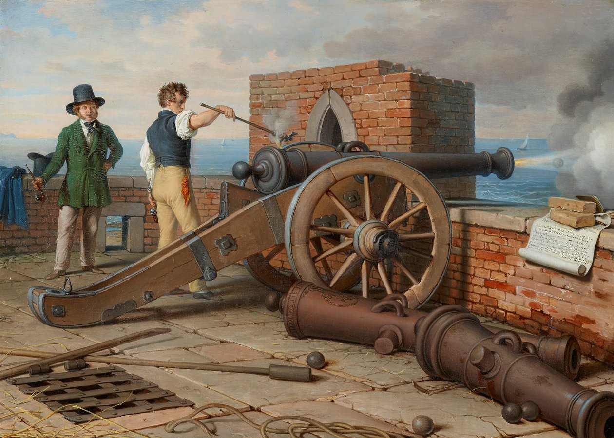 Künstlerfreunde lösen einen Kanonenschuss auf der Festung Michele bei Ostia (Ferdinand Jagemann und Peter Krafft) von Johann Peter Krafft