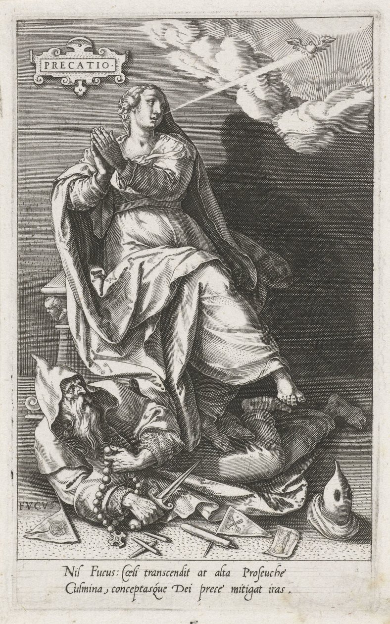 Gebet (Precatio) überwindet Heuchelei (Fucus) (Serie: Die Tugenden überwinden die Laster) von Johann Sadeler (I)