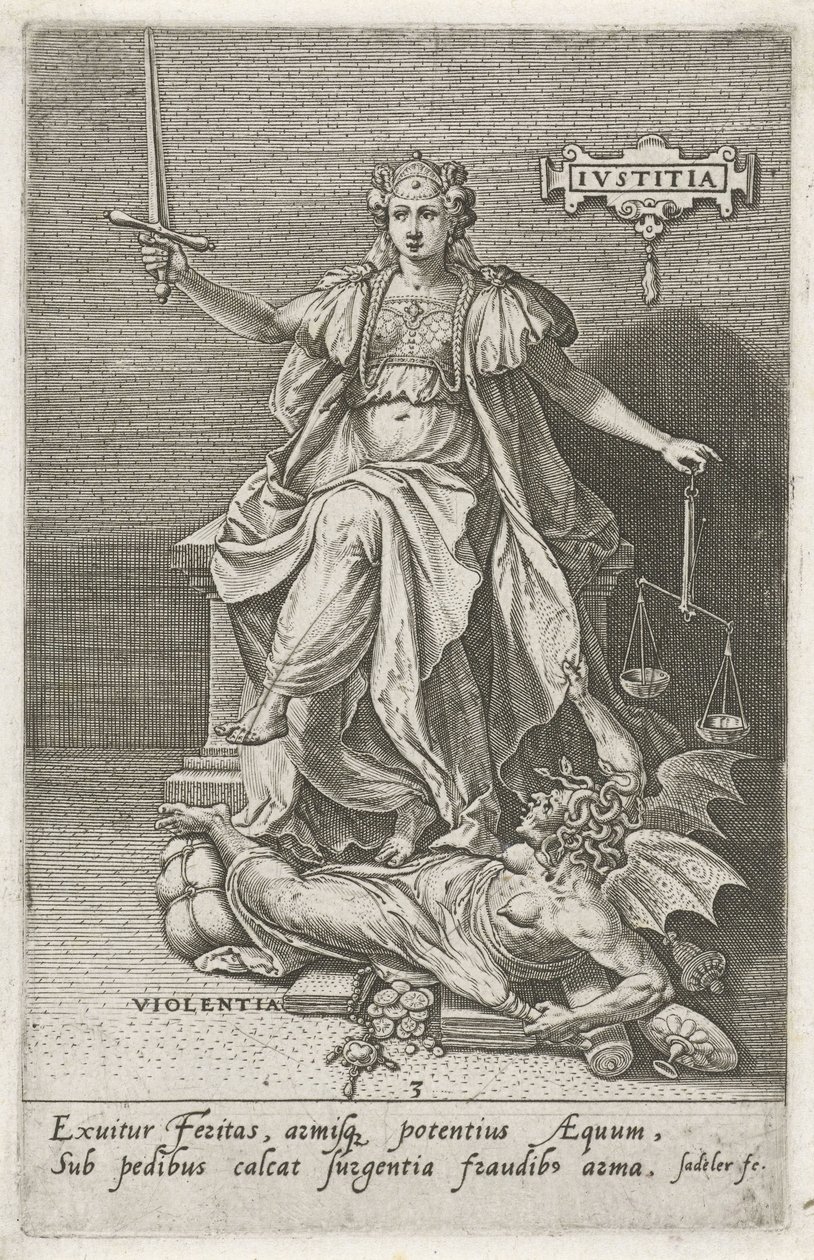 Gerechtigkeit (Justitia) überwindet Gewalt (Violentia) Die Tugenden überwinden die Laster (Serientitel) von Johann Sadeler (I)