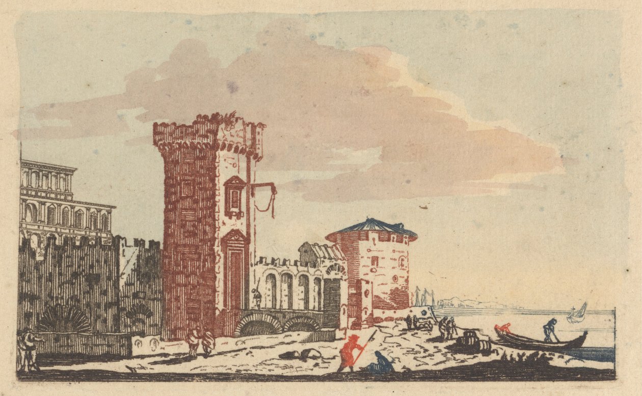 Burgen, Ruinen und Meereslandschaften - Sechs farbige Gravuren von Johann Teyler