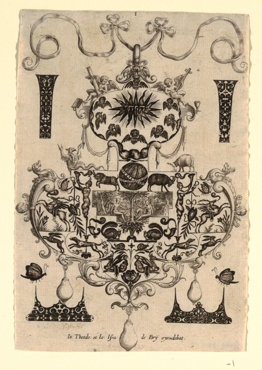 Anhänger-Design mit der Versuchung, Platte 1, aus einer Serie von acht Anhänger-Designs mit den Kardinaltugenden von Johann Theodor de Bry