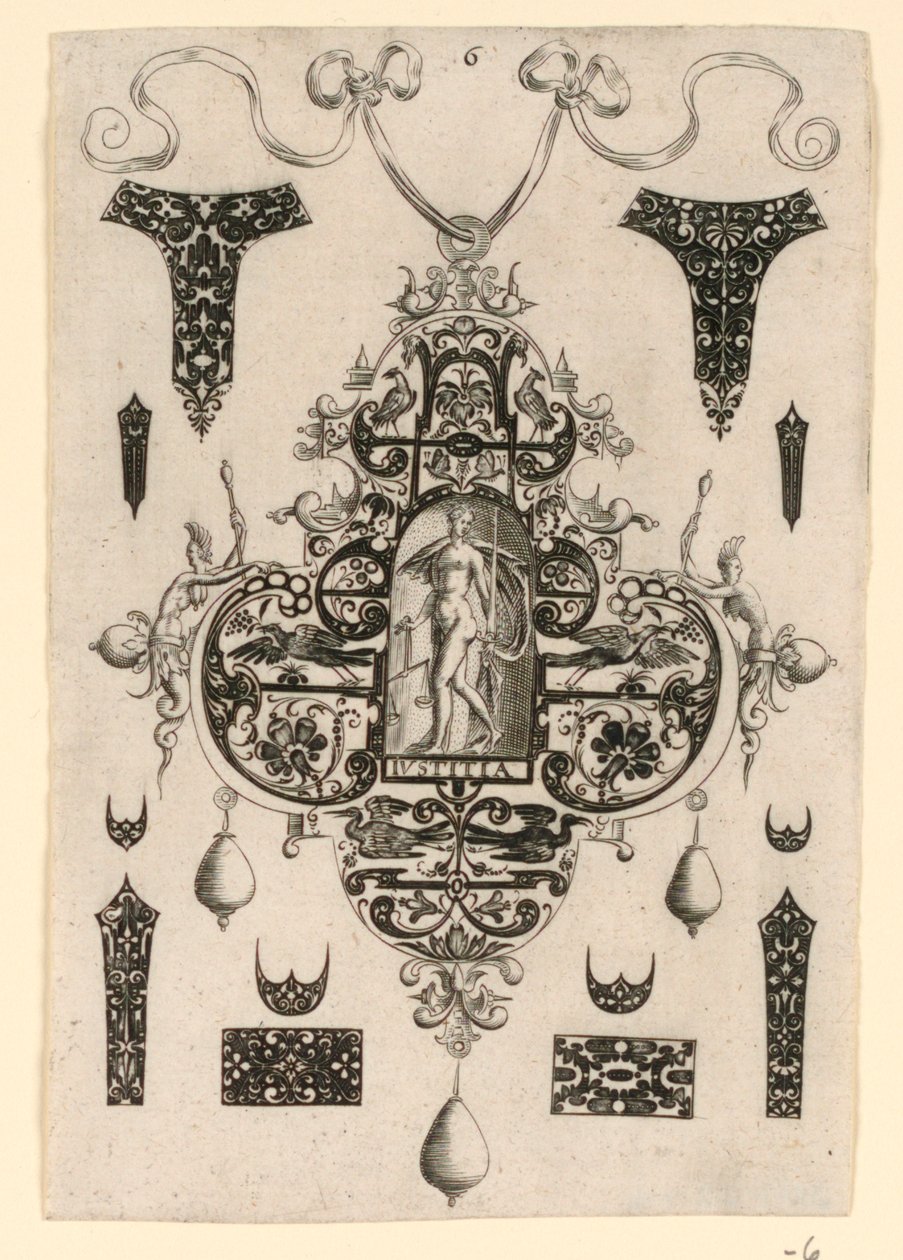 Tafel 6, aus einer Serie von acht Anhängedesigns mit den Kardinaltugenden von Johann Theodor de Bry
