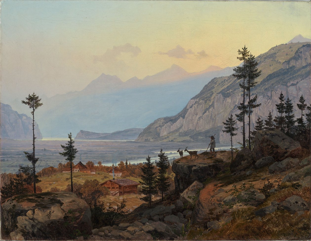 Schweizer Alpenlandschaft mit Fluss und See von Johann Wilhelm Schirmer