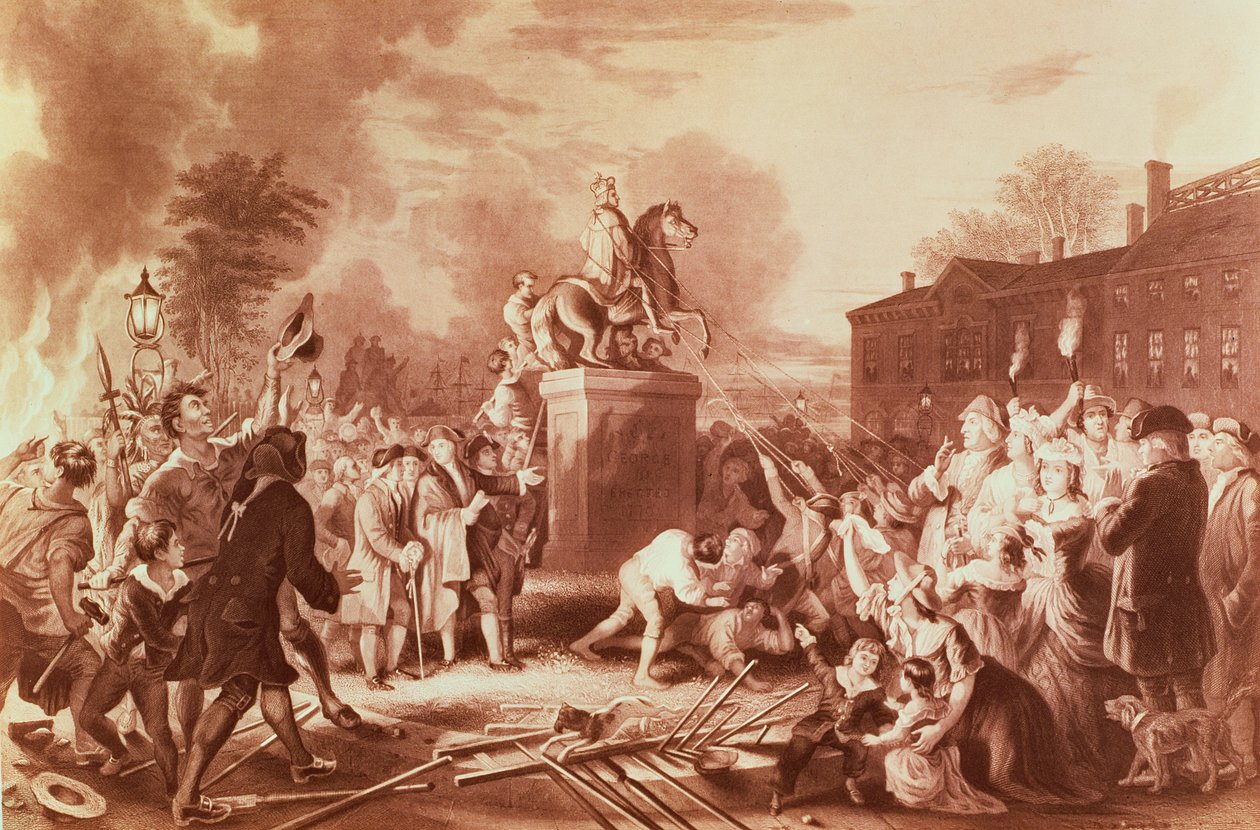 Sturz der Statue von George III im Bowling Green 1776, graviert von John C. McRae von Johannes Adam Simon Oertel