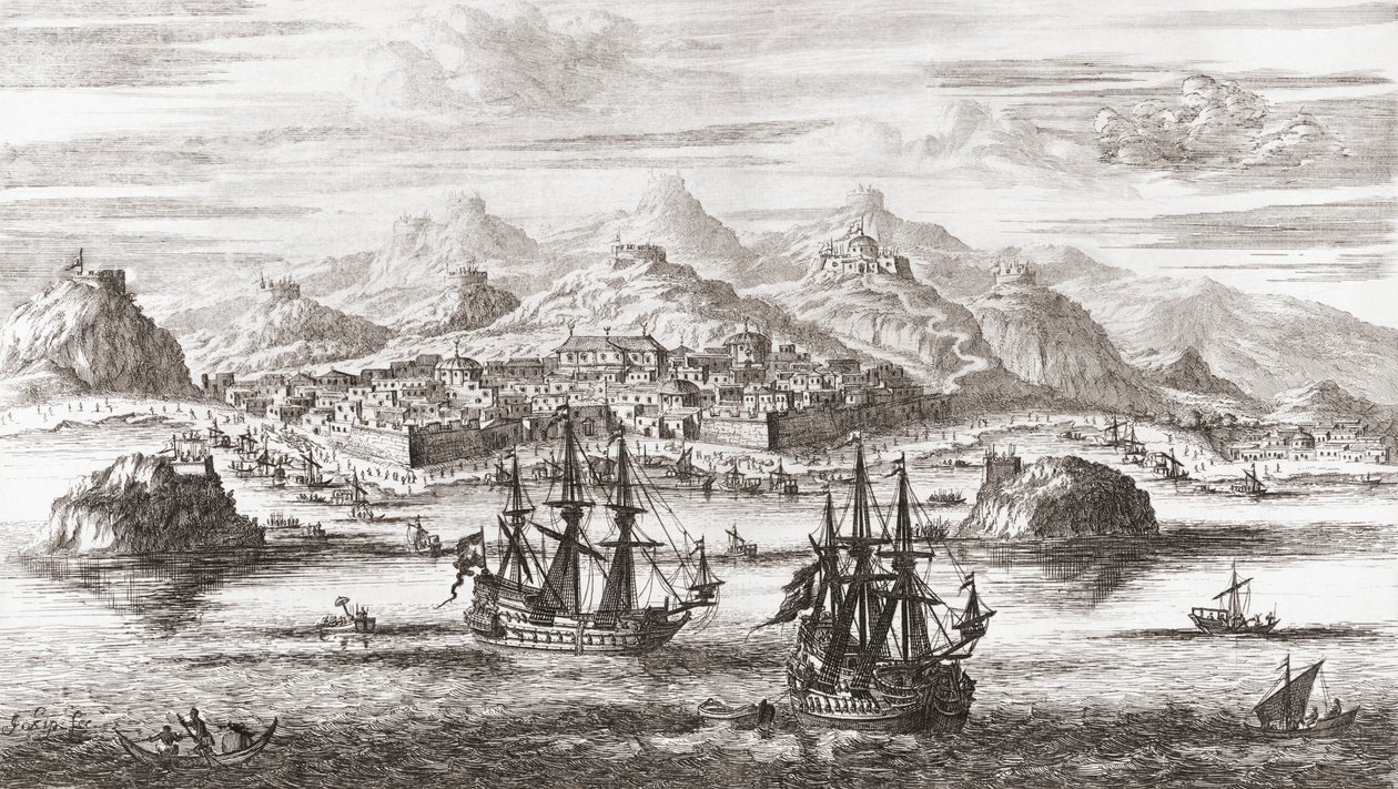 Niederländische Schiffe vor Maskat, Oman im 17. Jahrhundert (Druck) von Johannes (after) Kip