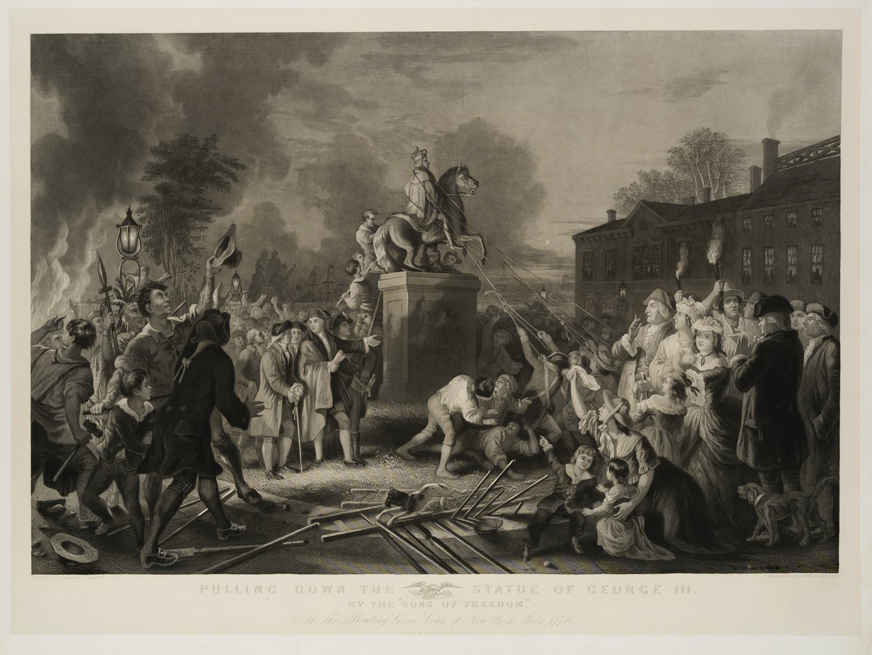 Sturz der Statue von George III durch die Sons of Freedom am Bowling Green, New York City, Juli 1770, graviert von John C. McRae von Johannes Adam Simon Oertel