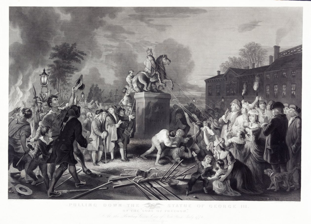 Sturz der Statue von George III durch die Sons of Freedom am Bowling Green, New York City, Juli 1776, veröffentlicht 1875 von Johannes Adam Simon after Oertel