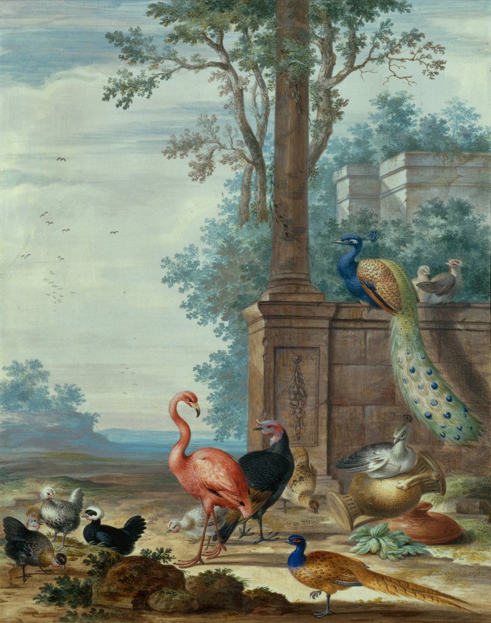 Eine italienische Landschaft mit einem Pfau, Fasan, Flamingo und anderen Vögeln von Johannes Bronckhorst