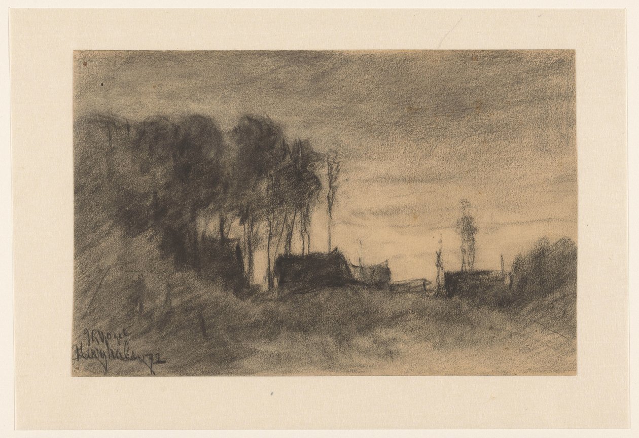 Gruppe von Häusern und Bäumen bei Hooghalen, Abendstimmung von Johannes Gijsbert Vogel