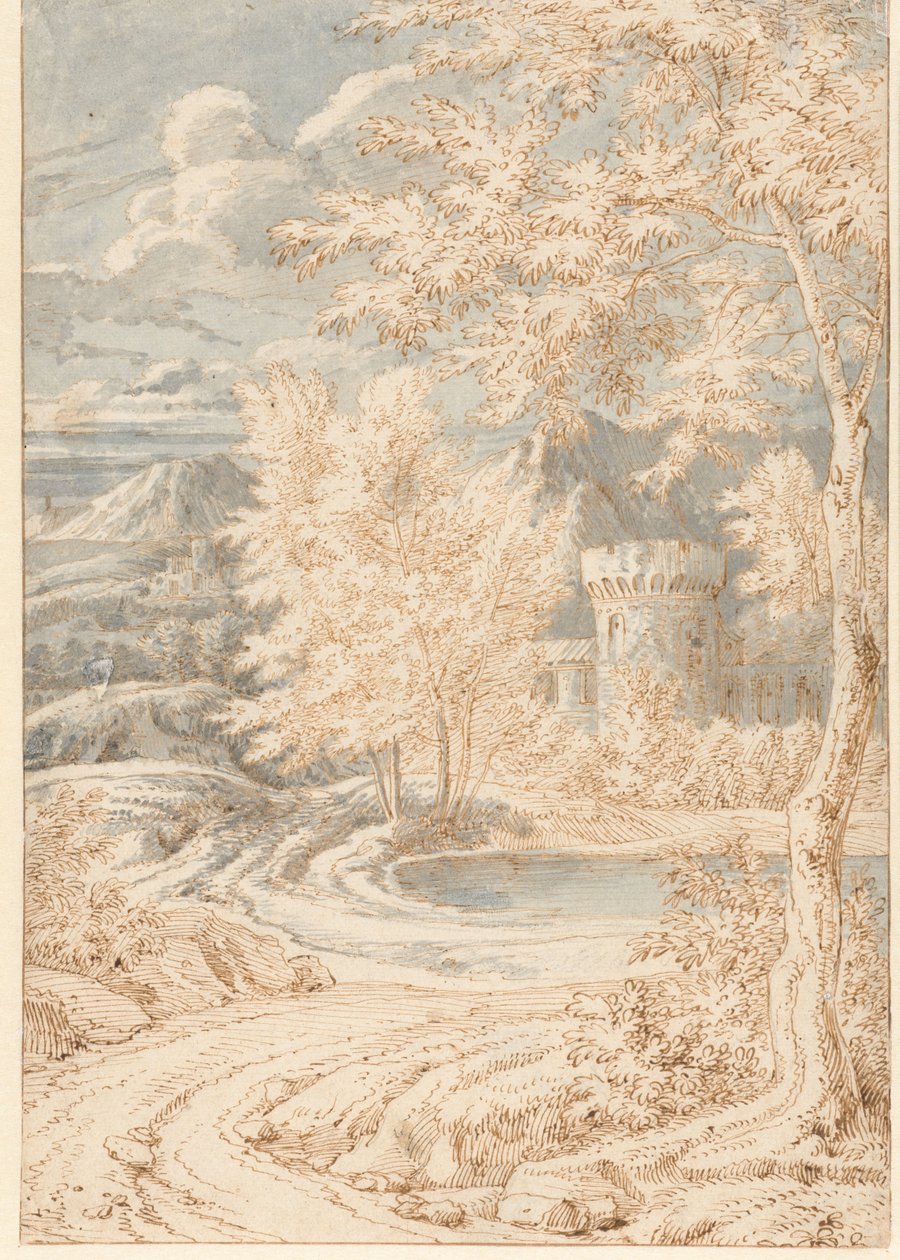 Arkadische Berglandschaft mit einem runden Turm von Johannes Glauber