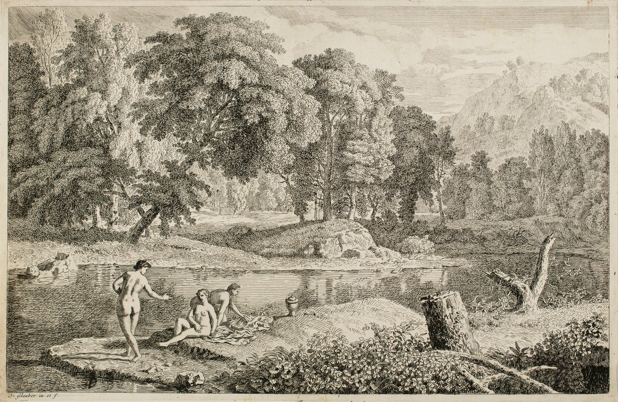 Arkadische Landschaft mit einem Fluss und drei Badenden von Johannes Glauber