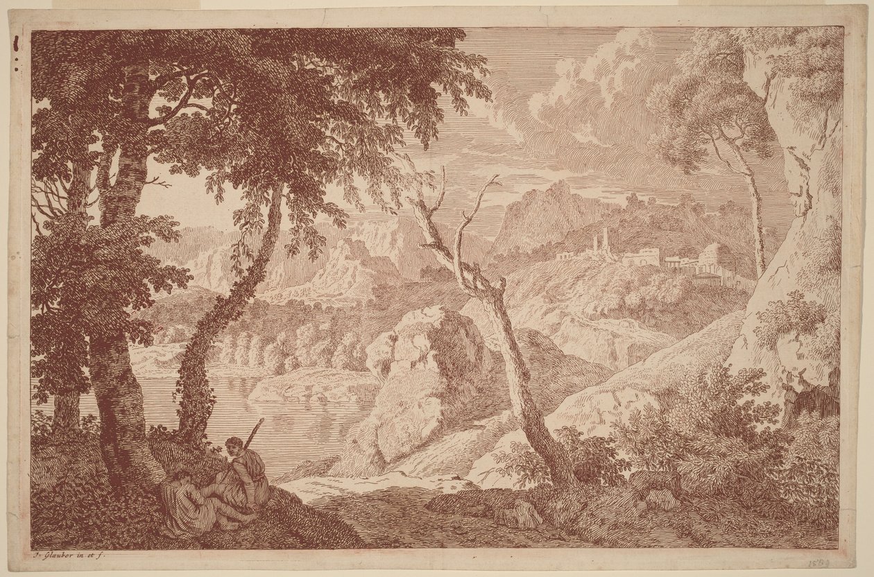Gebirgslandschaft mit zwei rastenden Männern von Johannes Glauber