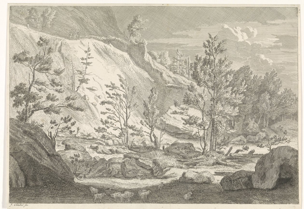 Schlucht mit einer Schafherde von Johannes Glauber