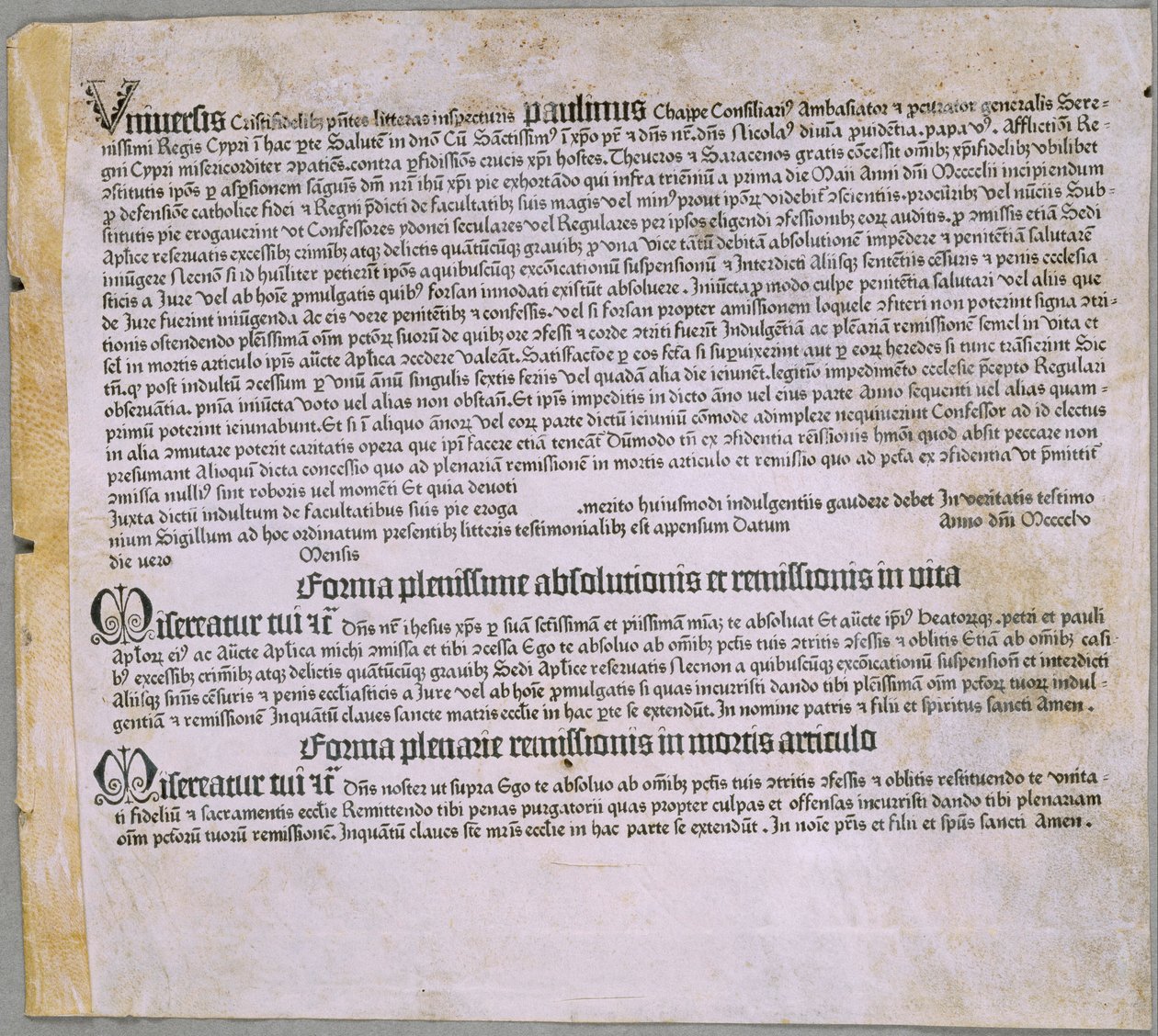 Ablassbrief (für die Expedition gegen die Türken und die Verteidigung Zyperns), (Mainz, Johannes Gutenberg, 1455) von Johannes Gutenberg