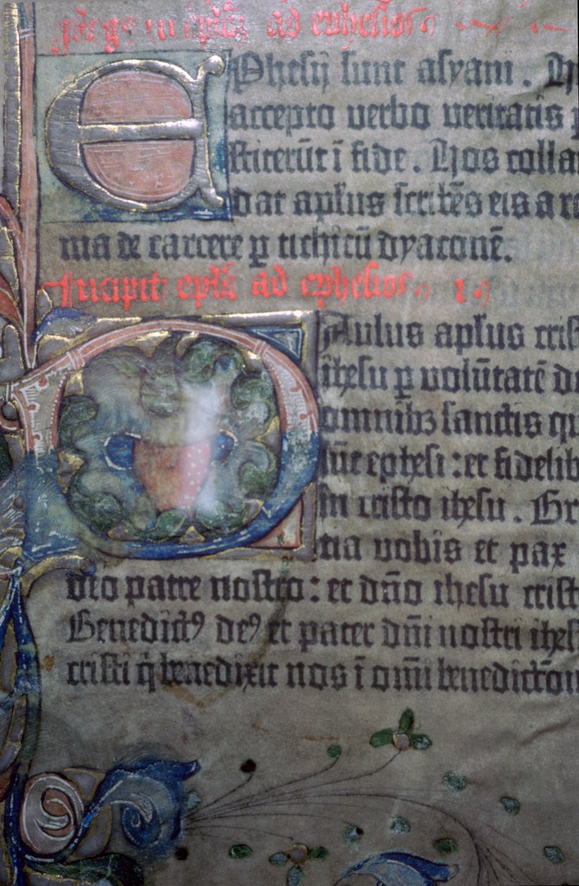 Detail aus der Gutenberg-Bibel des 15. Jahrhunderts, Eröffnung des Epheserbriefs von Johannes Gutenburg