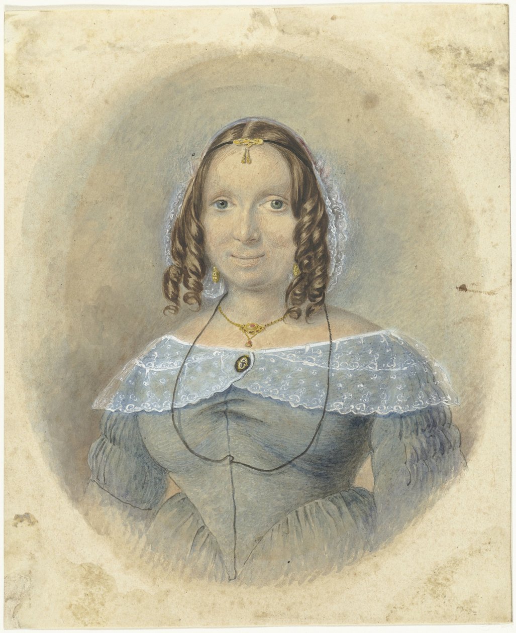 Frau in einem blauen Kleid mit Spitzenkragen von Johannes Hari (I)