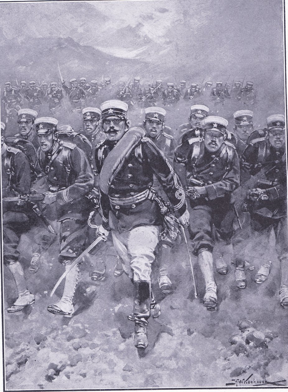 Ein Angriff der japanischen Infanterie, Illustration aus Cassells Geschichte des Russisch-Japanischen Krieges Band 1, ca. 1900 von Johannes Hermann Barend Koekkoek