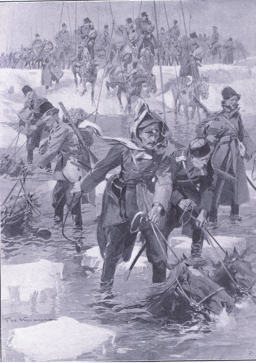 Eine Reitkunstleistung. Russische Kavallerie überquert einen Fluss, Illustration aus Cassells Geschichte des Russisch-Japanischen Krieges Band 1, ca. 1900 von Johannes Hermann Barend Koekkoek