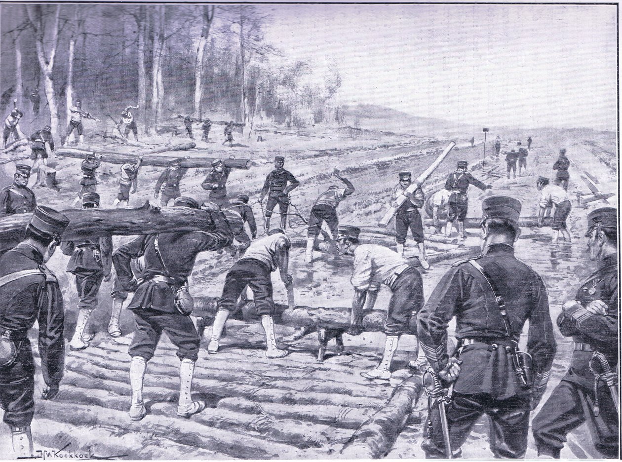 Japanische Ingenieure bauen eine Holzstraße für Truppen, Illustration aus Cassells Geschichte des Russisch-Japanischen Krieges Band 1, ca. 1900 von Johannes Hermann Barend Koekkoek