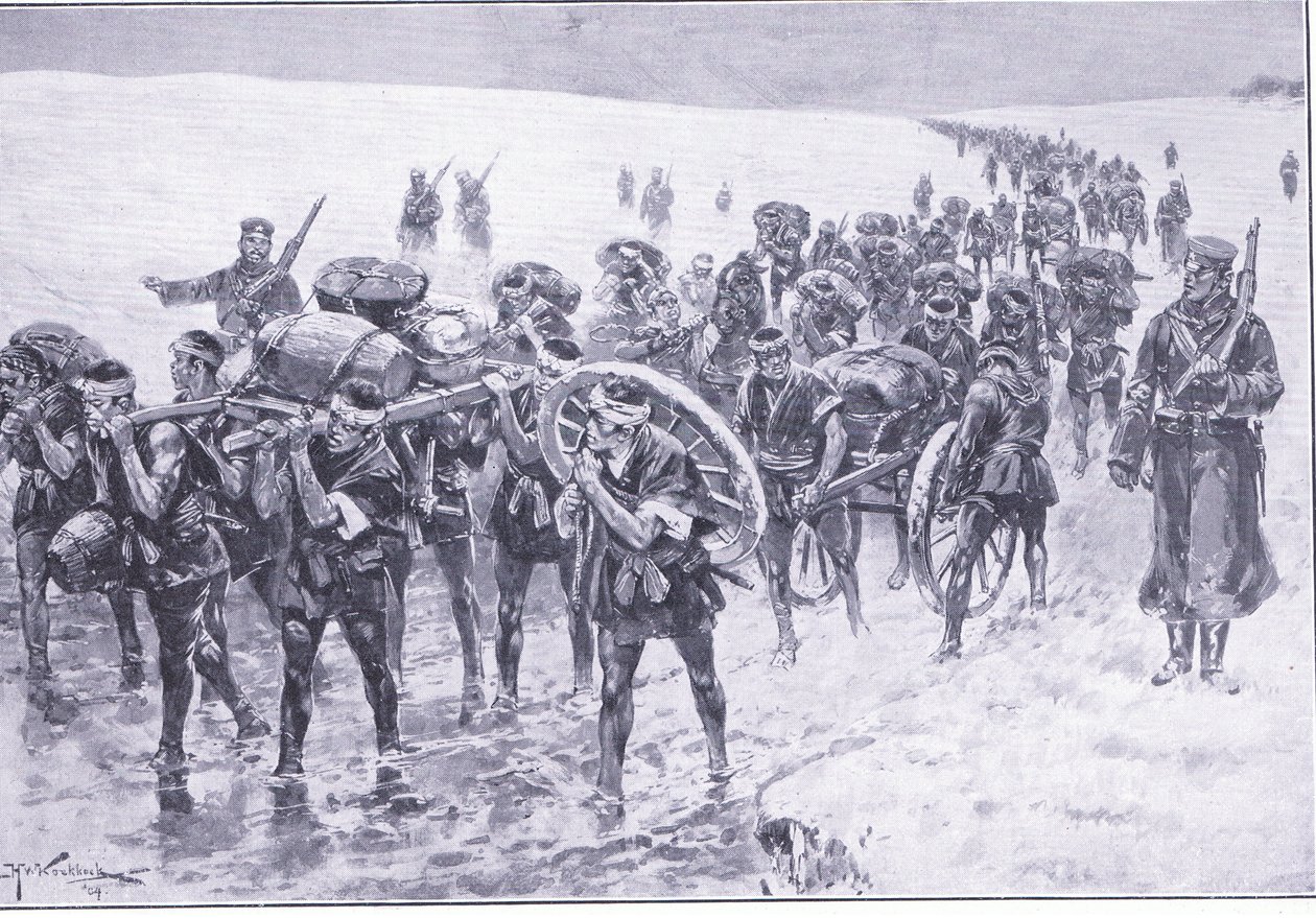 Japaner auf dem Marsch. Männer anstelle von Packponys, Illustration aus Cassells Geschichte des Russisch-Japanischen Krieges Band 1, ca. 1900 von Johannes Hermann Barend Koekkoek