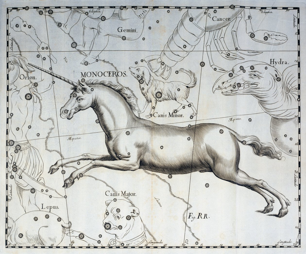 Monoceros, Sternbild des Einhorns, Gravur aus dem Himmelsatlas Firmamentum Sobiescianum sive Uronographia, von Johann Hevelius (1611-1687), Danzig von Johannes Hevelius
