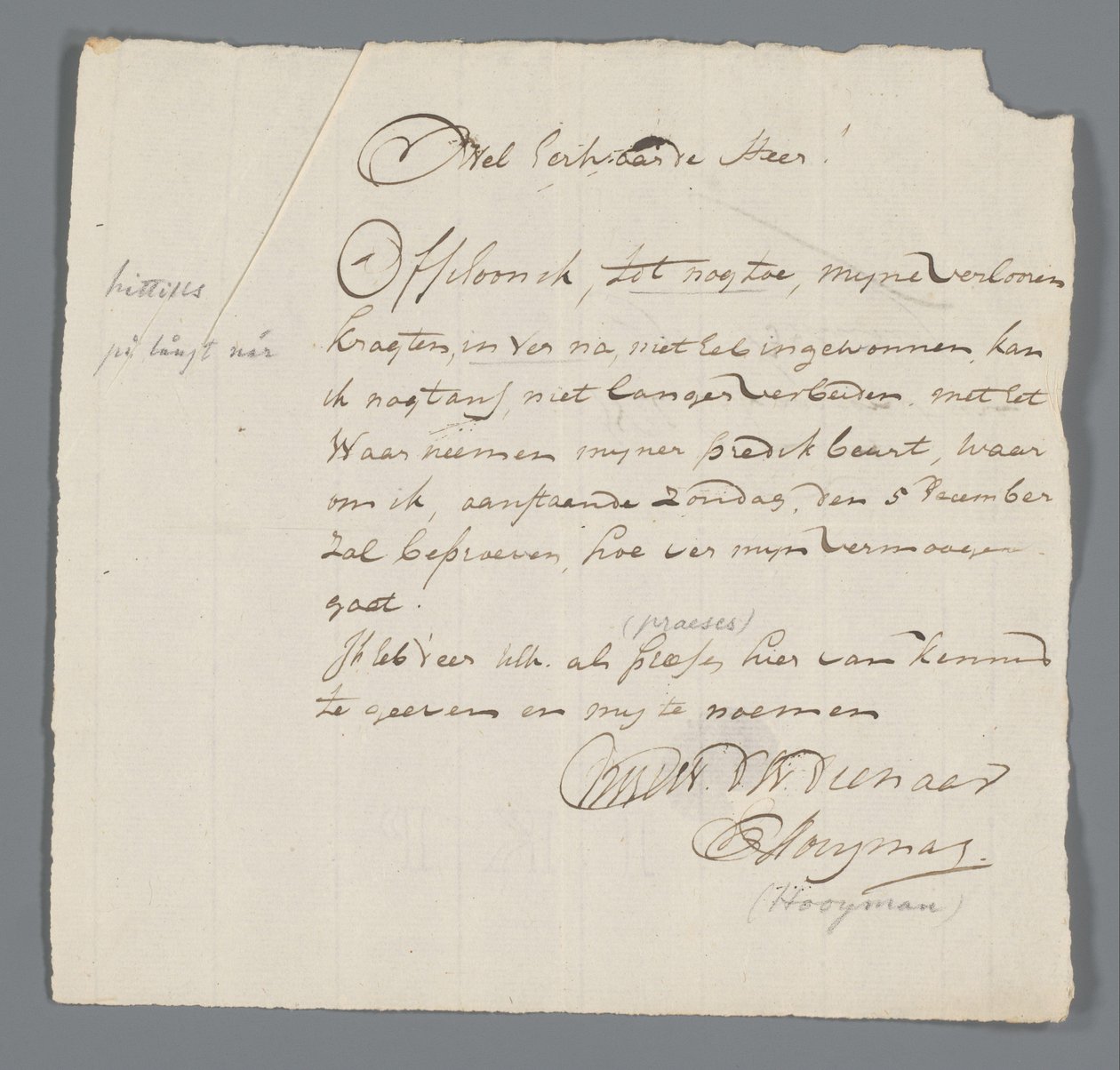 Brief von Pfarrer Hooyman an Jan Brandes von Johannes Hooyman