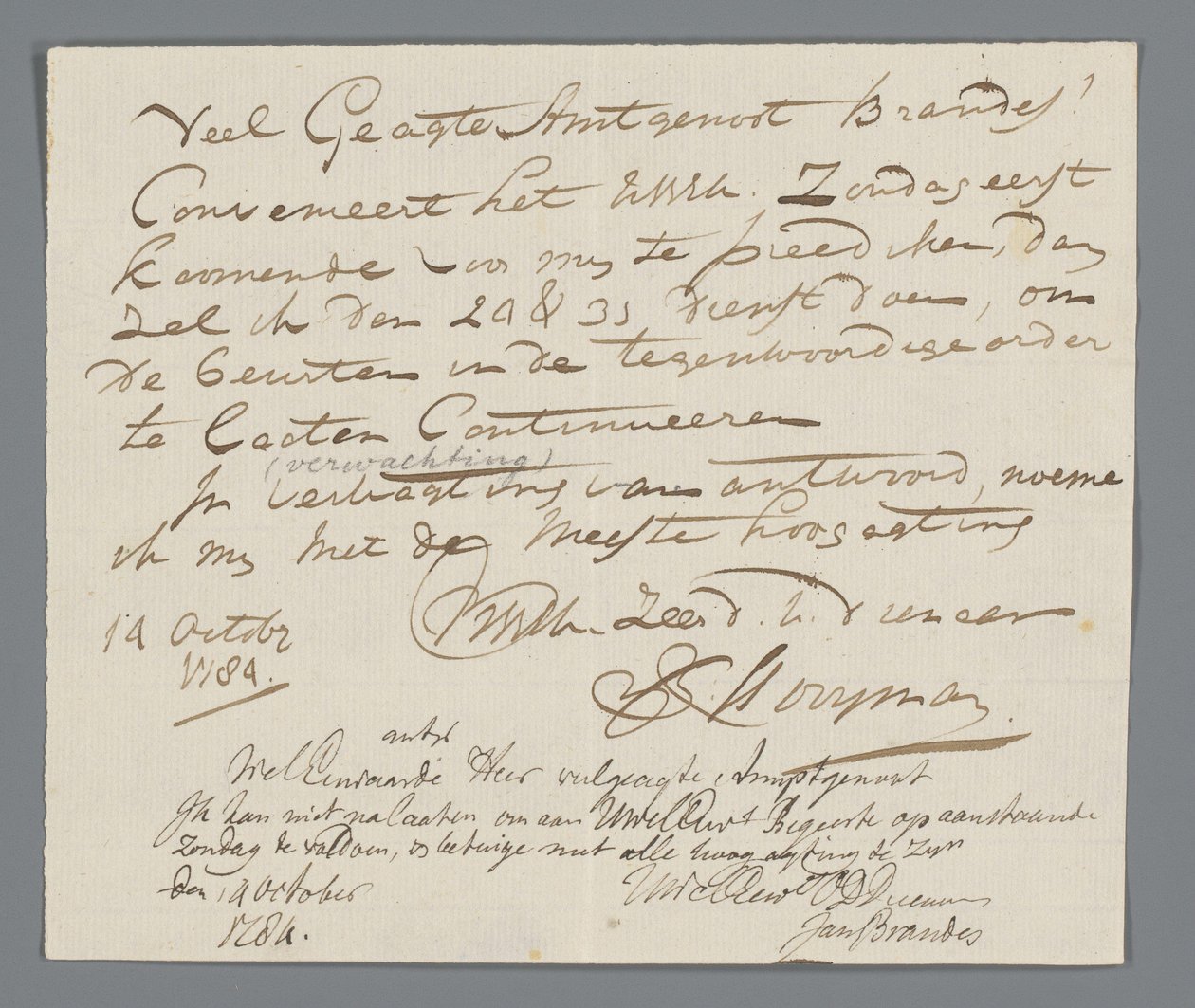 Brief von Pfarrer Hooyman an Jan Brandes von Johannes Hooyman