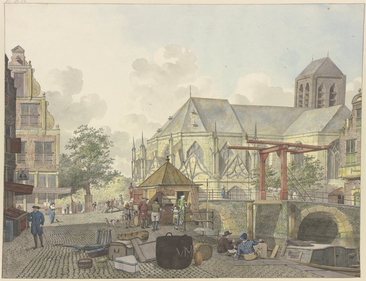 Schleusentor bei einer Kirche, dabei ein Zollhaus von Johannes Huibert Prins