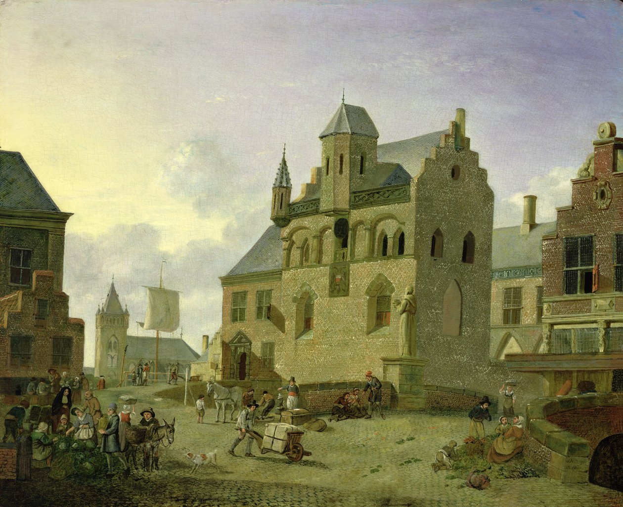 Marktplatz mit Figuren und Bauern, die auf einem Marktplatz handeln von Johannes Huibert Prins